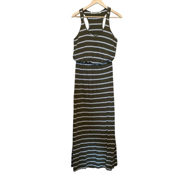 Micheal Stars Women’s Jersey Dress Maxi Striped Brown Off-White Razor Back OS - Picture 3 of 16